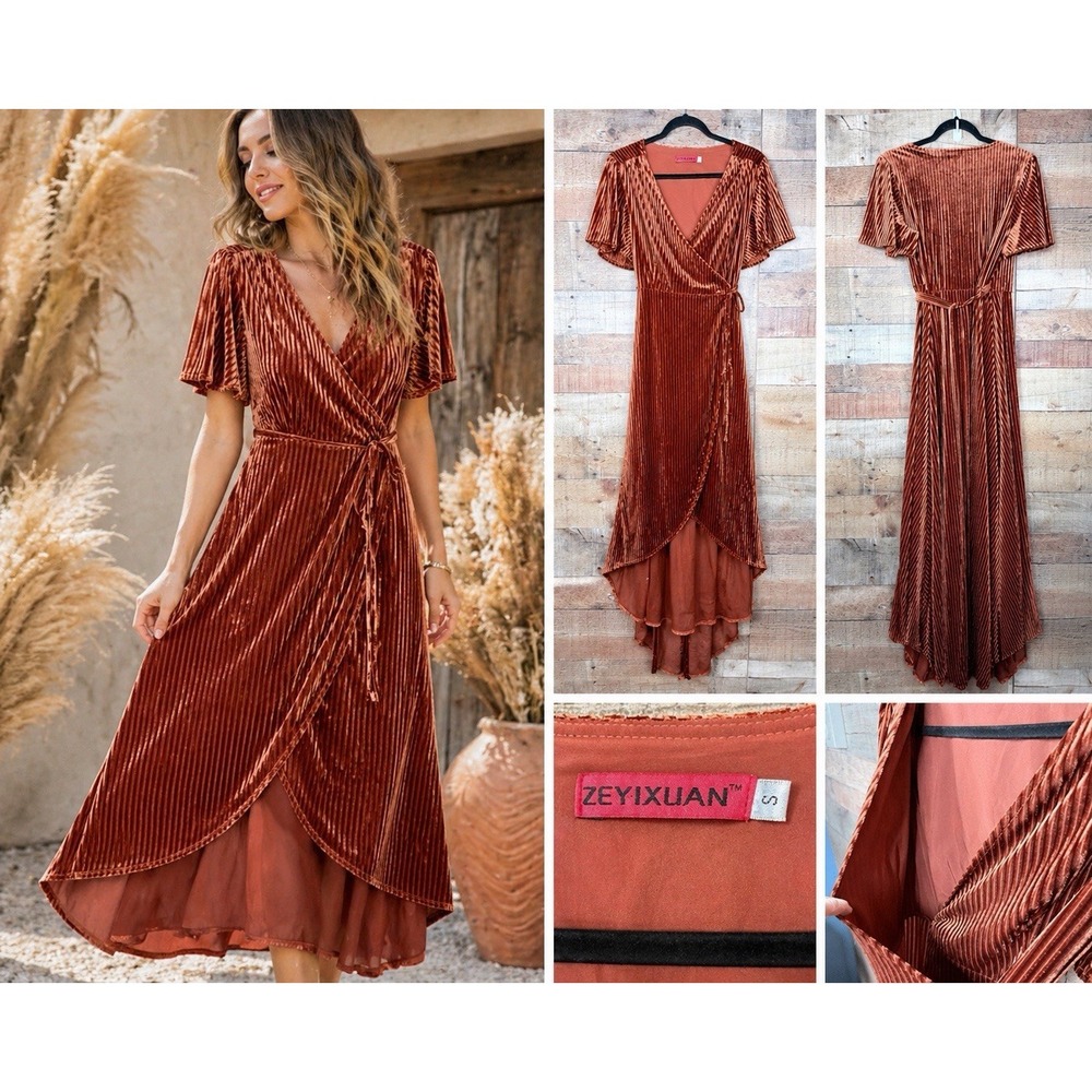 Zeyixuan Wrap Maxi Dress Womens Small Rust Copper Excellent Pleated Velvet Boho